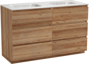 Balmani Lucida freistehendes Möbelstück Set: 135 x 55 cm, Teak, mit Tablo Arcato Doppelwaschtisch, Marmor Carrara