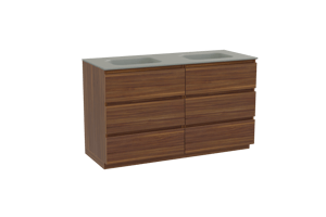 Balmani Lucida staand badmeubel 135 x 55 cm amerikaans notenhout met Tablo Arcato dubbele wastafel in solid surface steengrijs