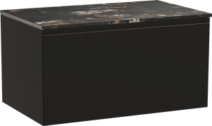 Balmani Idra hängendes Möbelstück Set: 90 x 55 cm, Schwarz matt, mit Stretto Einzel Waschtischplatte, Marmor Portoro Gold