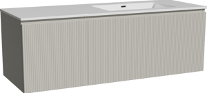 Storke Ribs zwevend badkamermeubel 140 x 52 cm zijdegrijs met Diva asymmetrisch rechtse wastafel in composietmarmer glanzend wit, Verticale symmetrische rechte ribbel