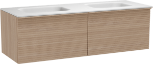Balmani Forma zwevend badkamermeubel 150 x 55 cm natuur eik met Tablo Arcato dubbele wastafel in solid surface mat wit, Horizontale symmetrische rechte ribbel