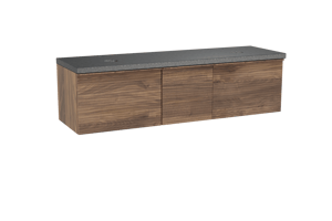 Balmani Forma zwevend badmeubel 180 x 55 cm amerikaans notenhout met Rock dubbel wastafelblad in zwart graniet, Horizontale symmetrische rechte ribbel