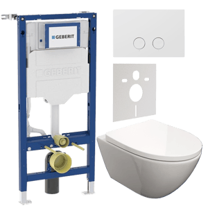 Luca Varess Moreno wc suspendu blanc brillant sans rebord avec Geberit UP320 Systemfix bâti-support et plaque de commande