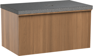 Balmani Forma hängendes Möbelstück Set: 90 x 55 cm, Teak, mit Rock Einzel Waschtischplatte, Granit, Schwarzes Granit, Vertikale symmetrische gerade Rippe