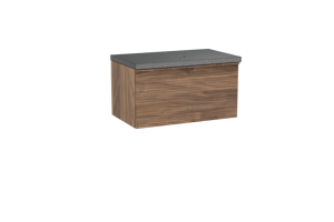 Balmani Forma zwevend badmeubel 90 x 55 cm amerikaans notenhout met Rock enkel wastafelblad in zwart graniet, Horizontale symmetrische rechte ribbel