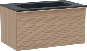 Balmani Forma hängendes Möbelstück Set: 90 x 55 cm, Naturbelassene Eiche, mit Tablo Strada Einzelwaschtisch, Marmorkomposit, Schwarz matt, Horizontale symmetrische gerade Rippe