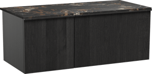 Balmani Forma hängendes Möbelstück Set: 120 x 55 cm, Schwarze Eiche, mit Stretto Einzel Waschtischplatte, Marmor, Portoro Gold, Vertikale symmetrische gerade Rippe