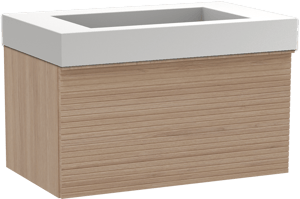 Balmani Forma hängendes Möbelstück Set: 90 x 55 cm, Naturbelassene Eiche, mit Modus Einzelwaschtisch, Solid Surface, Weiß matt, Horizontale symmetrische gerade Rippe