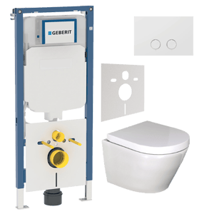 Luca Varess Calibro wc suspendu blanc brillant sans rebord compact avec Geberit Duofix UP720 Sigma bâti-support et plaque de commande