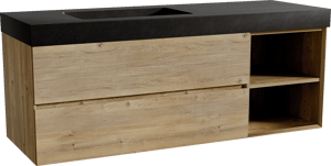 Storke Edge zwevend badmeubel 150 x 52 cm ruw eiken met Scuro High asymmetrisch linkse wastafel in kwarts mat zwart