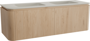 Balmani Moon meuble salle de bains suspendu 160 x 55 cm chêne naturel avec Moon double vasque en top solid soie grise