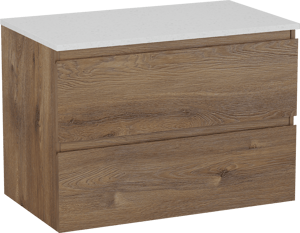 Linie Lado zwevend badkamermeubel 80 x 46 cm bruine eik met Lado enkel tablet in melamine terrazzo wit