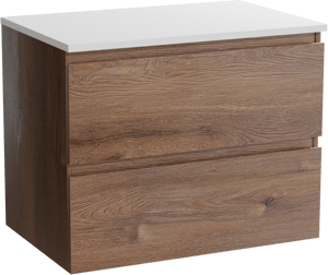 Linie Lado hängendes Möbelstück Set: 70 x 46 cm, Braune Eiche, mit Lado Einzel Waschtischplatte, Marmorkomposit Weiß glänzend