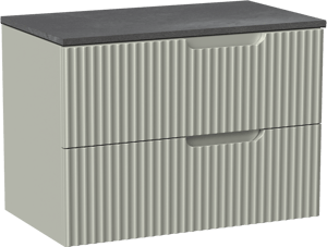 Linie Ribbo zwevend badmeubel 80 x 46 cm greige met Lado enkel wastafelblad in melamine grijze leisteen, Verticale symmetrische ronde ribbel