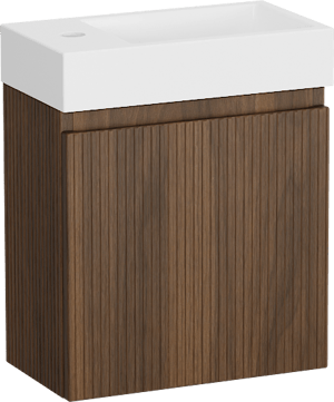 Storke Ribs meuble wc suspendu 40 x 22 cm noyer avec Vida lavabo en marbre composite blanc brillant