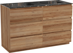 Balmani Lucida freistehendes Möbelstück Set: 135 x 55 cm, Teak, mit Tablo Arcato Doppelwaschtisch, Marmor Portoro Gold