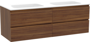 Balmani Lucida zwevend badkamermeubel 150 x 55 cm amerikaanse notelaar met Tablo Strada dubbele wastafel in composietmarmer mat wit