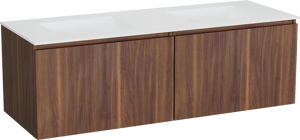 Balmani Sfera zwevend badmeubel 150 x 55 cm amerikaans notenhout met Tablo Stretto dubbele wastafel in solid surface mat wit