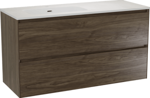 Balmani Mitra Compact zwevend badmeubel 120 x 46 cm Amerikaans notenhout met Nostra asymmetrisch linkse wastafel in porselein mat wit