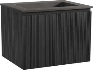 Storke Ribs meuble salle de bains suspendu 65 x 52 cm chêne noir avec Scuro plan simple en quartz noir mat, Nervure droite asymétrique verticale