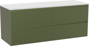 Storke Seda zwevend badkamermeubel 150 x 52 cm olijfgroen met Tavola enkel of dubbel tablet in mat wit/zwart terrazzo