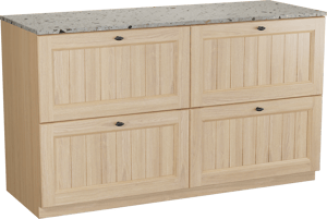 Balmani Lemon freistehendes Möbelstück Set: 150 x 55 cm, Naturbelassene Eiche Furnier, mit Stretto Einzel- oder Doppel Waschtischplatte, Terrazzo in Greige