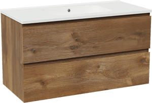 Linie Lado hängendes Möbelstück Set: 100 x 46 cm, Braune Eiche, mit Vano Einzelwaschtisch, Marmorkomposit Weiß glänzend