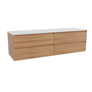 Balmani Mitra zwevend badkamermeubel 180 x 55 cm teak met Stretto enkel of dubbel tablet in solid surface mat wit