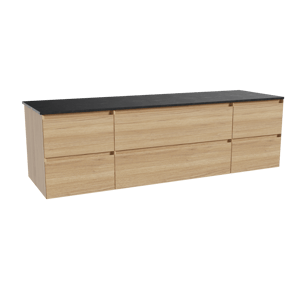 Balmani Mitra zwevend badkamermeubel 180 x 55 cm natuur eik met Stretto enkel of dubbel tablet in graniet zwart