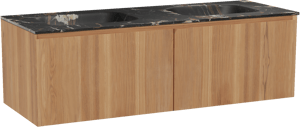 Balmani Idra by Mitra hängendes Möbelstück Set: 150 x 55 cm, Teak, mit Tablo Arcato Doppelwaschtisch, Marmor Portoro Gold