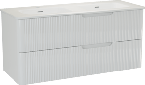 Linie Curvo hängendes Möbelstück Set: 120 x 46 cm, Weiβ glänzend, mit Baro Curvo Doppelwaschtisch Keramik Weiβ glänzend, Vertikale symmetrische runde Rippe