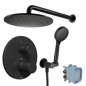 Blaufoss Round robinet thermostatique Colonne de douche de pluie encastré avec douche de tête rond 30 cm Noir Mat