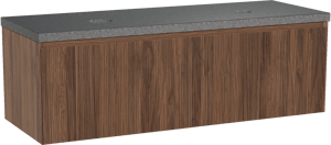 Balmani Fila hängendes Möbelstück Set: 150 x 55 cm, Nussbaum, mit Rock Doppel Waschtischplatte, Granit, Schwarzes Granit, Vertikale symmetrische gerade Rippe