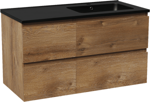 Linie Lado hängendes Möbelstück Set: 100 x 46 cm, Braune Eiche, mit Vano Waschtisch rechts, Marmorkomposit Schwarz matt