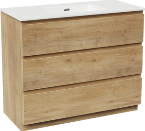 Linie Lado staand badkamermeubel 100 x 46 cm natuur eik met Baro enkele wastafel in porselein glanzend wit