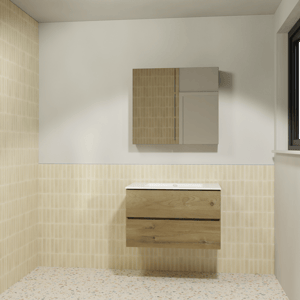 Storke Edge meuble salle de bains suspendu 85 x 52 cm chêne brut avec Diva plan simple en marbre composite blanc brillant et Reflecta armoire de toilette