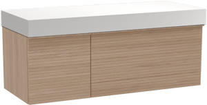 Balmani Forma hängendes Möbelstück Set: 135 x 55 cm, Naturbelassene Eiche, mit Dominus Einzel- oder Doppel Waschtischplatte, Solid Surface, Weiß matt, Horizontale symmetrische gerade Rippe
