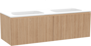 Balmani Fila meuble salle de bains suspendu 150 x 55 cm chêne naturel avec Tablo Strada double vasque en marbre composite blanc mat, Nervure droite symétrique verticale