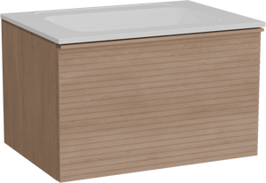 Balmani Forma hängendes Möbelstück Set: 75 x 55 cm, Naturbelassene Eiche, mit Tablo Strada Einzelwaschtisch, Marmorkomposit, Weiß glänzend, Horizontale symmetrische gerade Rippe