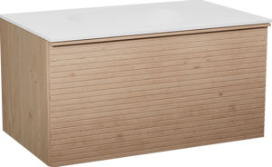 Balmani Forma hängendes Möbelstück Set: 90 x 55 cm, Naturbelassene Eiche, mit Tablo Arcato Einzelwaschtisch, Solid Surface, Weiß matt, Horizontale symmetrische gerade Rippe