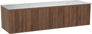 Balmani Fila zwevend badmeubel 180 x 55 cm notenhout met Facetta dubbel wastafelblad in solid surface mat wit, Verticale symmetrische rechte ribbel