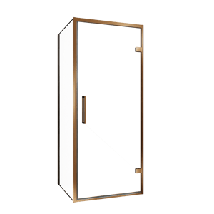 Balmani Senses Design douche en coin avec porte pivotante à droite et paroi latérale fixe, 90 x 70 cm, Verre transparent, Profil Brushed Rosegold