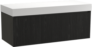 Balmani Fila zwevend badmeubel 135 x 55 cm zwart eiken met Dominus enkel of dubbel wastafelblad in solid surface mat wit, Verticale symmetrische rechte ribbel