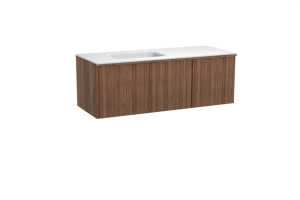 Balmani Forma meuble salle de bains suspendu 135 x 55 cm noyer américain avec Tablo Arcato vasque asymétrique gauche en solid surface blanc mat, Nervure circulaire asymétrique verticale