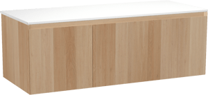 Balmani Idra hängendes Möbelstück Set: 135 x 55 cm, Naturbelassene Eiche, mit Stretto Einzel- oder Doppel Waschtischplatte, Solid Surface Weiß matt