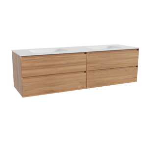 Balmani Mitra hängendes Möbelstück Set: 180 x 55 cm, Teak, mit Tablo Arcato Doppelwaschtisch, Solid Surface Weiß matt