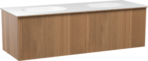 Balmani Forma zwevend badmeubel 150 x 55 cm teakhout met Tablo Oval dubbele wastafel in solid surface mat wit, Verticale symmetrische rechte ribbel