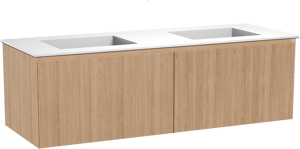Balmani Fila zwevend badmeubel 150 x 55 cm naturel eiken met Tablo Stretto dubbele wastafel in solid surface mat wit, Verticale symmetrische rechte ribbel