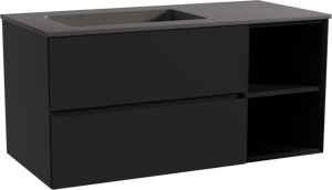 Storke Edge hängendes Möbelstück Set: 110 x 52 cm, Schwarz matt, mit Scuro Waschtisch links, Quarz Schwarz matt