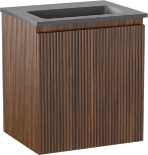 Storke Ribs hängendes Möbelstück Set: 45 x 35 cm, Nussbaum, mit Scuro Einzelwaschtisch, Quarz Schwarz matt